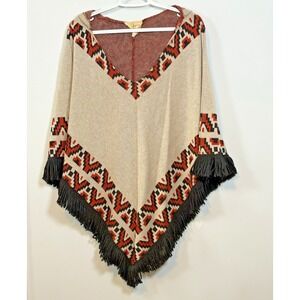 Lilly of California Knit Hooded Poncho Southwest Tribal Fringe Cream Rust Black